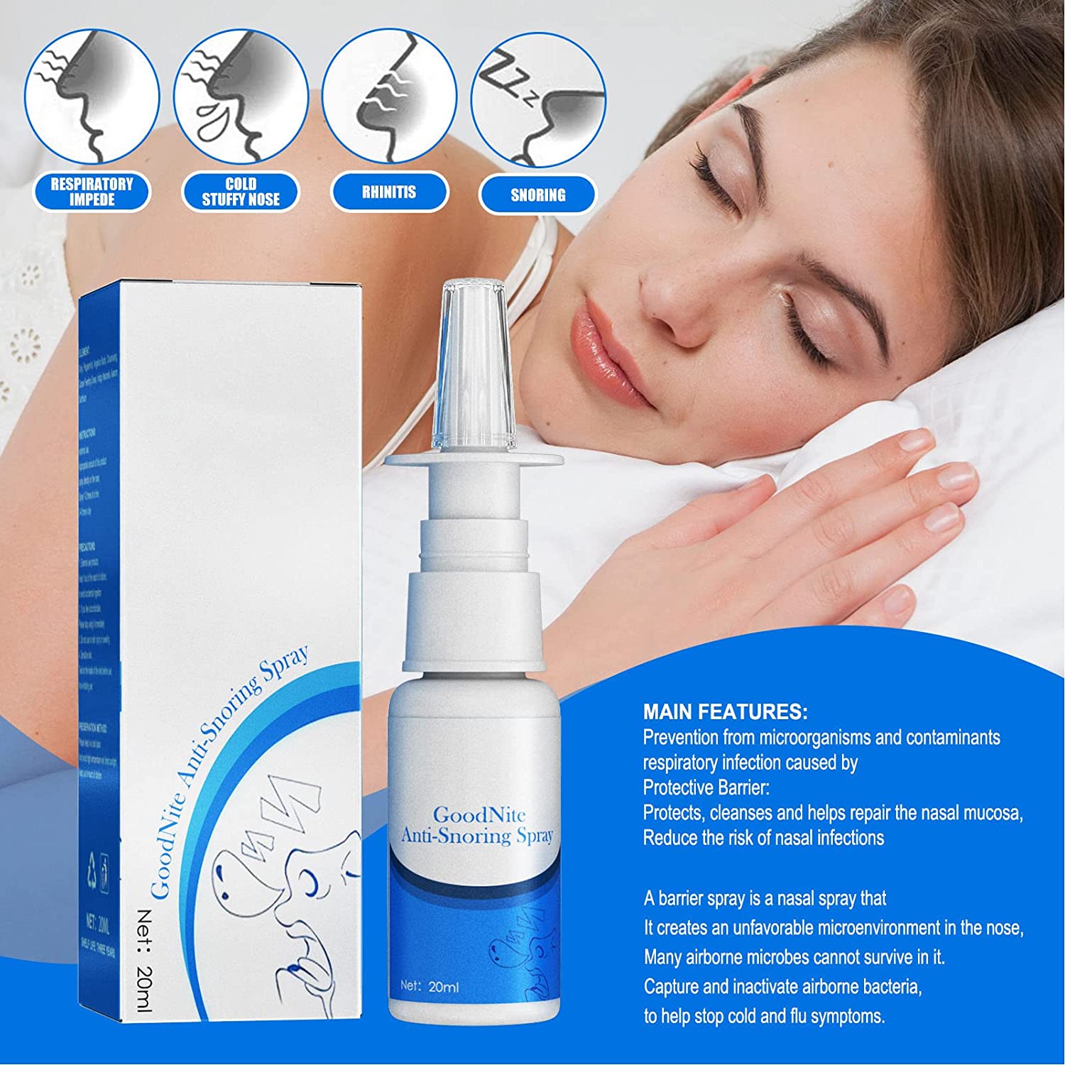 Relief Nasal Spray, 20ml Snoring Nasal Spray Reduce Infection Risk Better Sleep Snoring Spray for Sn