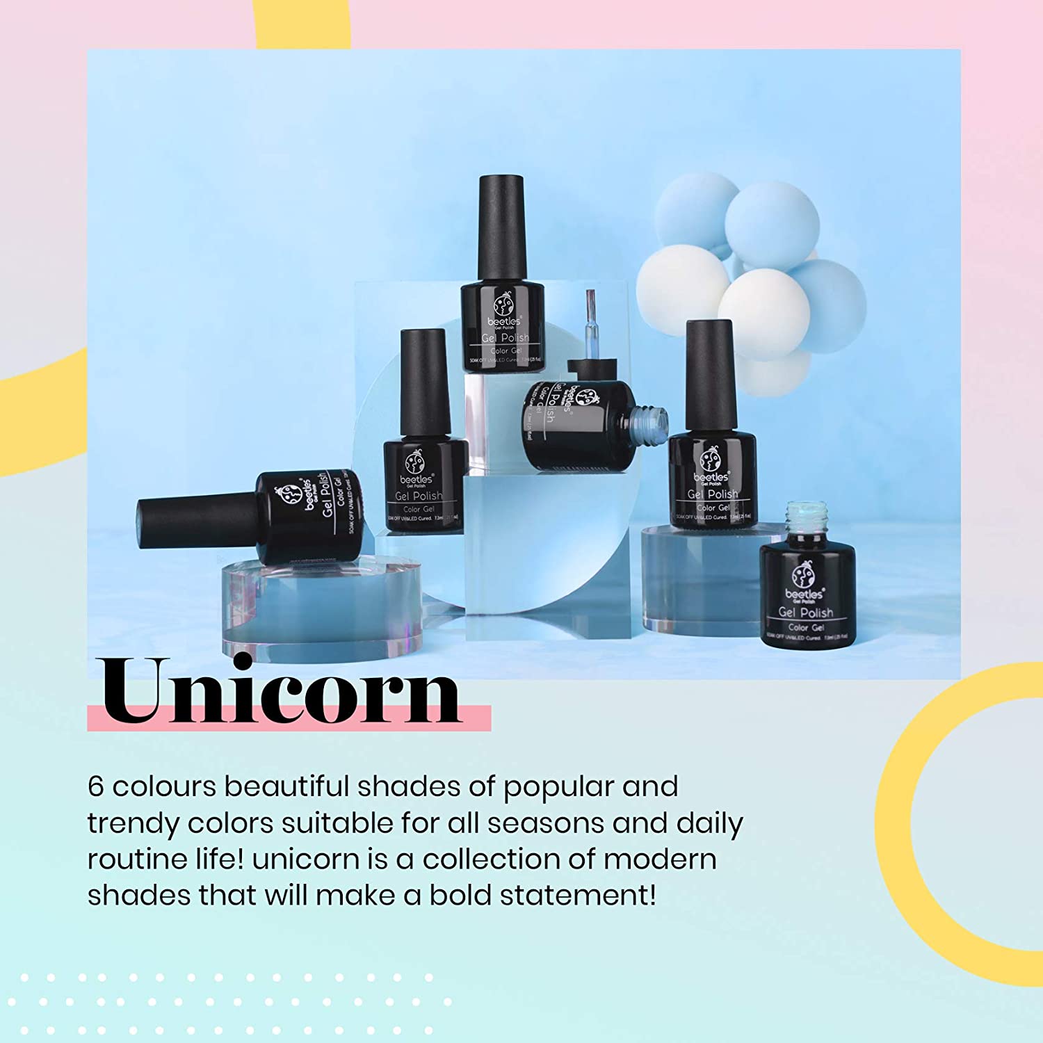 Beetles Gel Nail Polish, Unicorn Collection Pastel Color Soak off Nail Gel Polish Baby Blue Yellow N