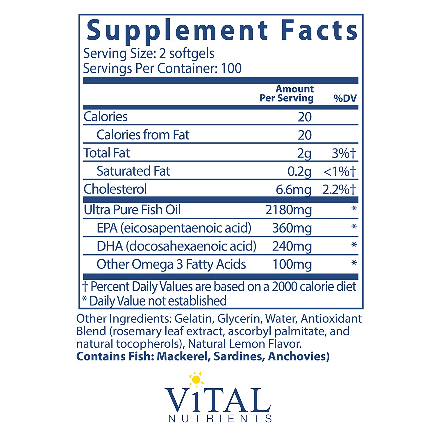 Vital Nutrients - Ultra Pure Fish Oil 350 (Pharmaceutical Grade) - Wild Caught Deep Sea Fish Oil, Ca