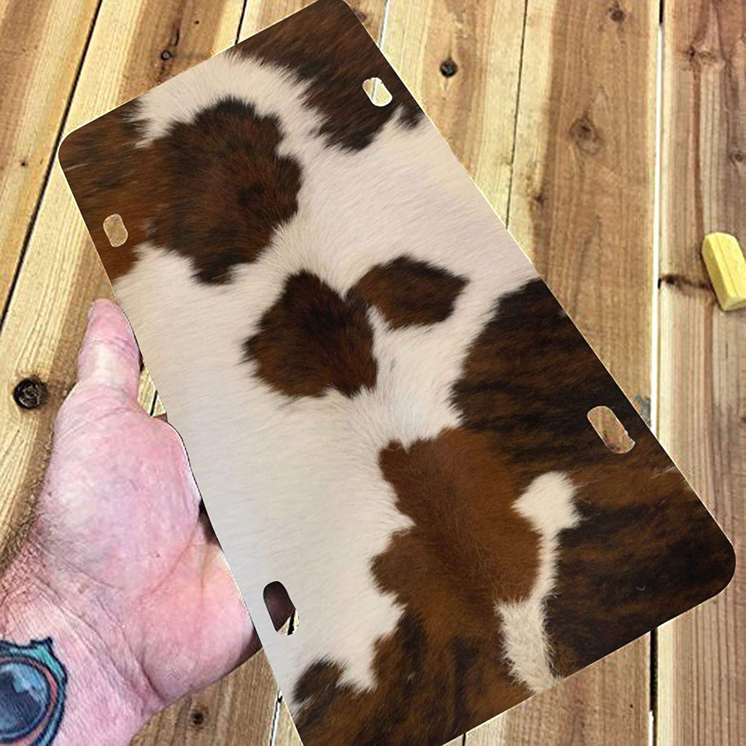 Farm Animal Brown Cowhide Skin Print Cow License Plate Frame Aluminum Metal Covers,Metal Novelty Car