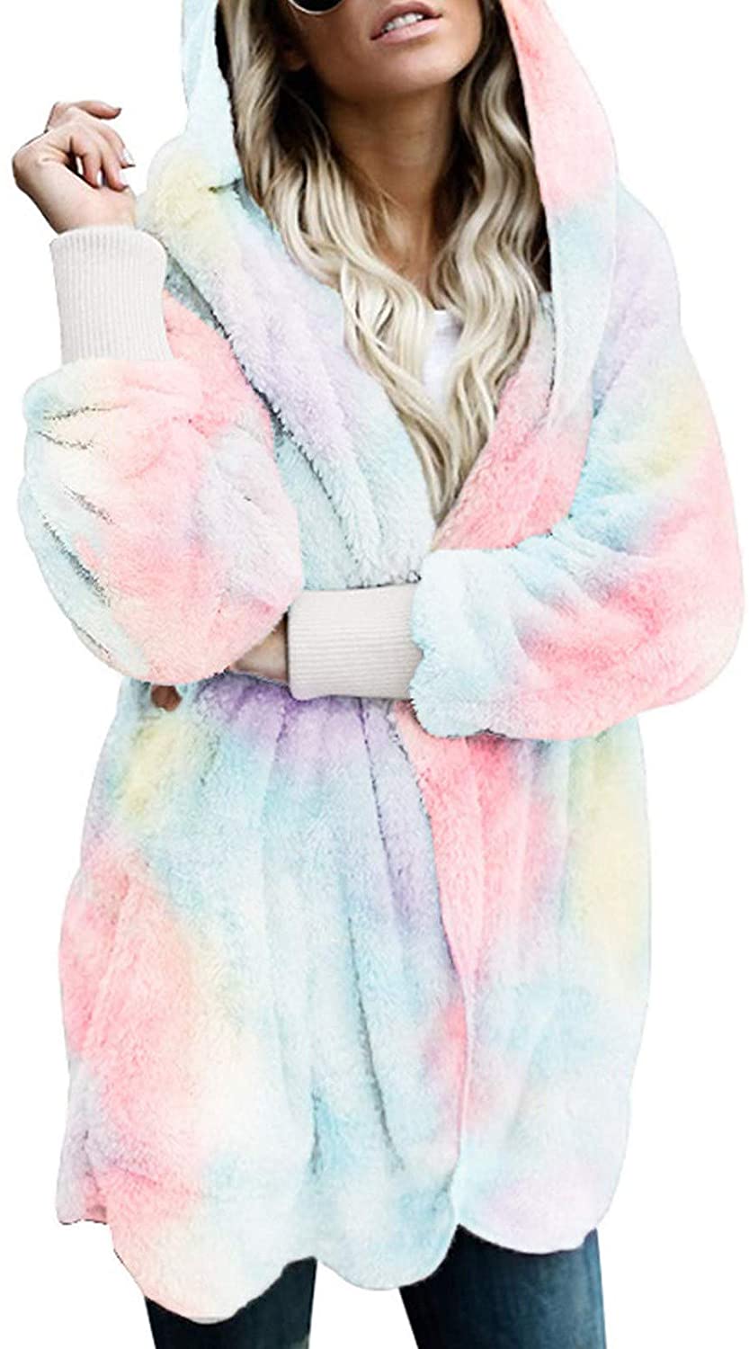 Dosoop Womens Long Sleeve Fluffy Coat, Winter Fuzzy Fleece Open Front Hooded Cardigans Jacket Coats 