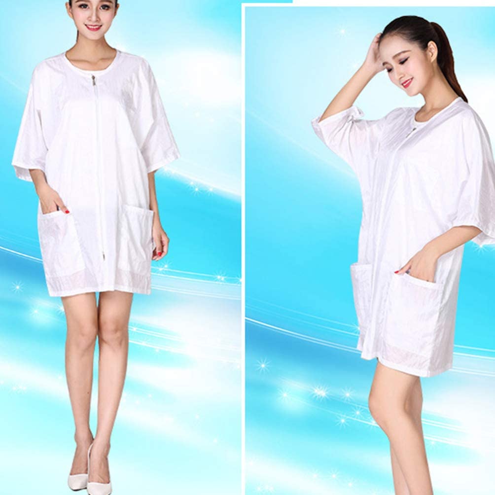 Minkissy Short Sleeve Salon Smocks Barbers Aprons Zipper Hair Stylist Apron with Pockets (White)