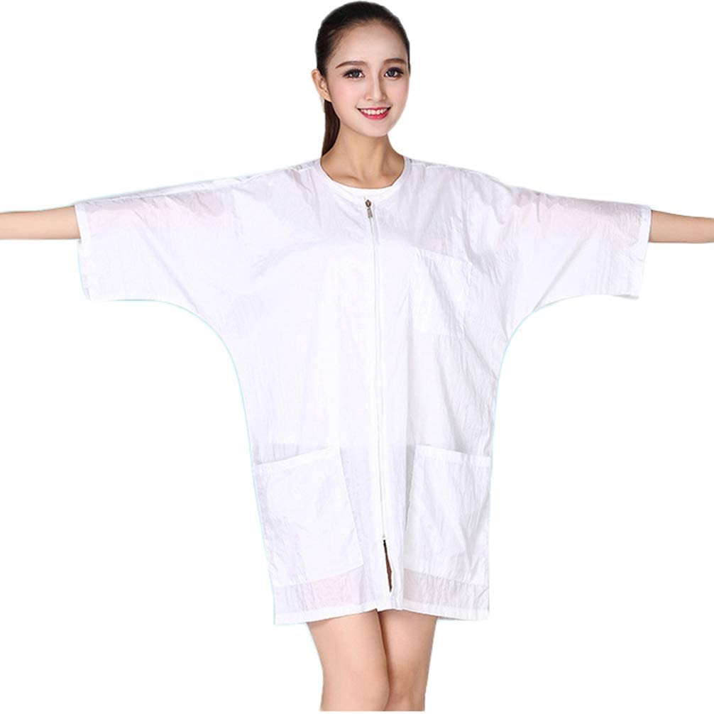 Minkissy Short Sleeve Salon Smocks Barbers Aprons Zipper Hair Stylist Apron with Pockets (White)