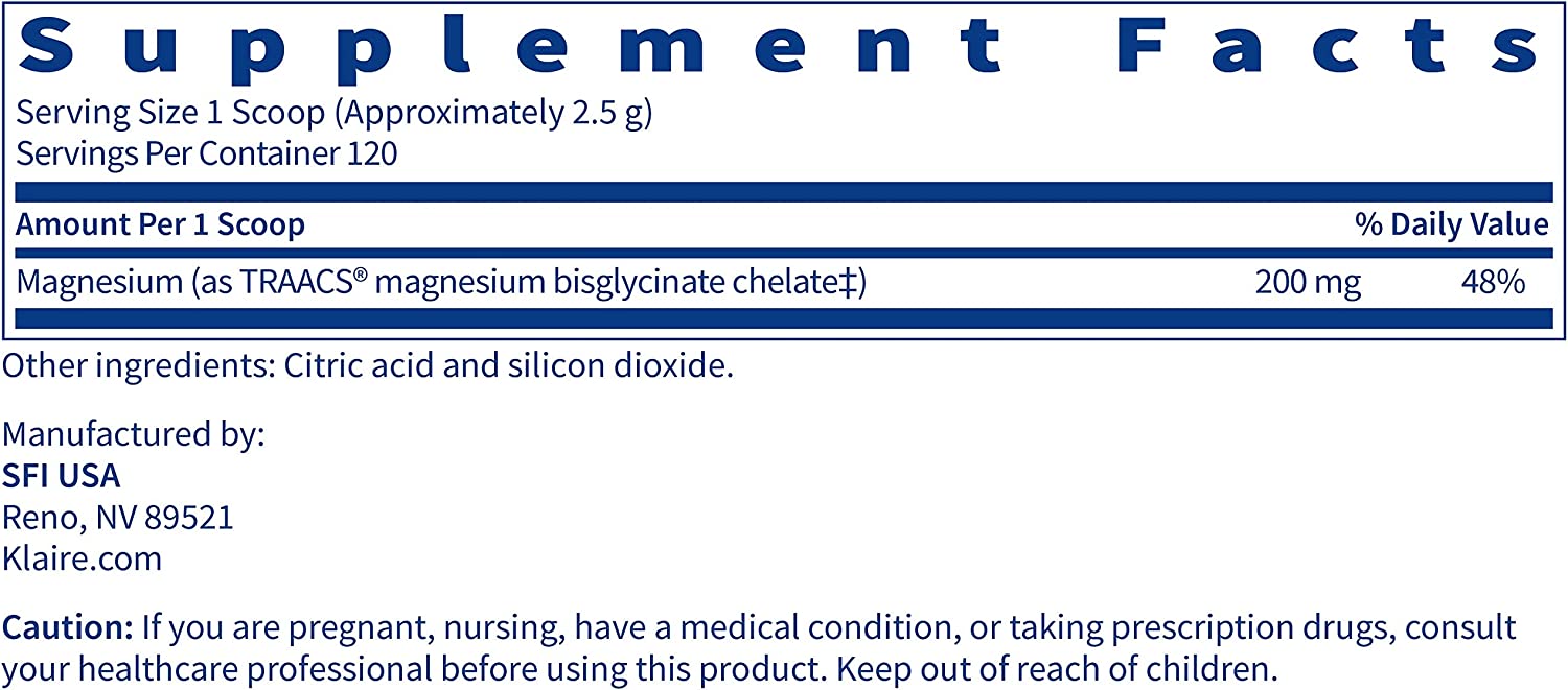 Klaire Labs Magnesium Chelate Powder FastDissolving 200 Milligrams