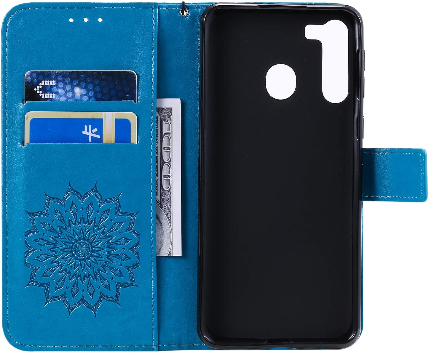 Cfrau Kickstand Wallet Case with Black Stylus for Samsung Galaxy A21,Retro Mandala Sunflower PU Leat