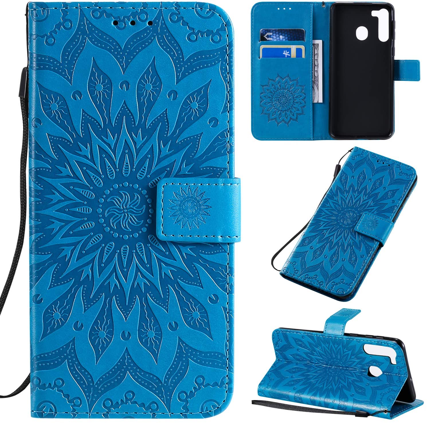 Cfrau Kickstand Wallet Case with Black Stylus for Samsung Galaxy A21,Retro Mandala Sunflower PU Leat