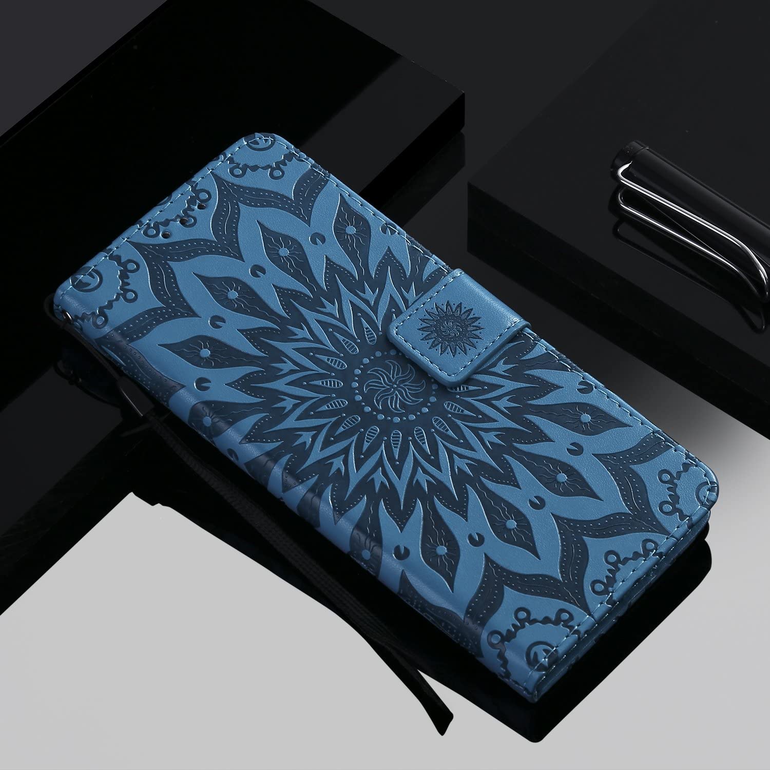 Cfrau Kickstand Wallet Case with Black Stylus for Samsung Galaxy A21,Retro Mandala Sunflower PU Leat