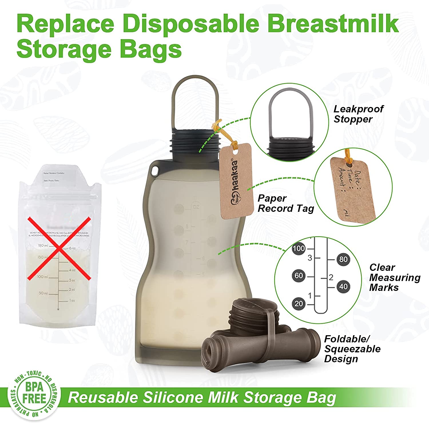 haakaa Reusable Silicone Breastmilk Storage Bag(9oz,10pk) with Scrub Cleaning Brush Set|Breastmilk F