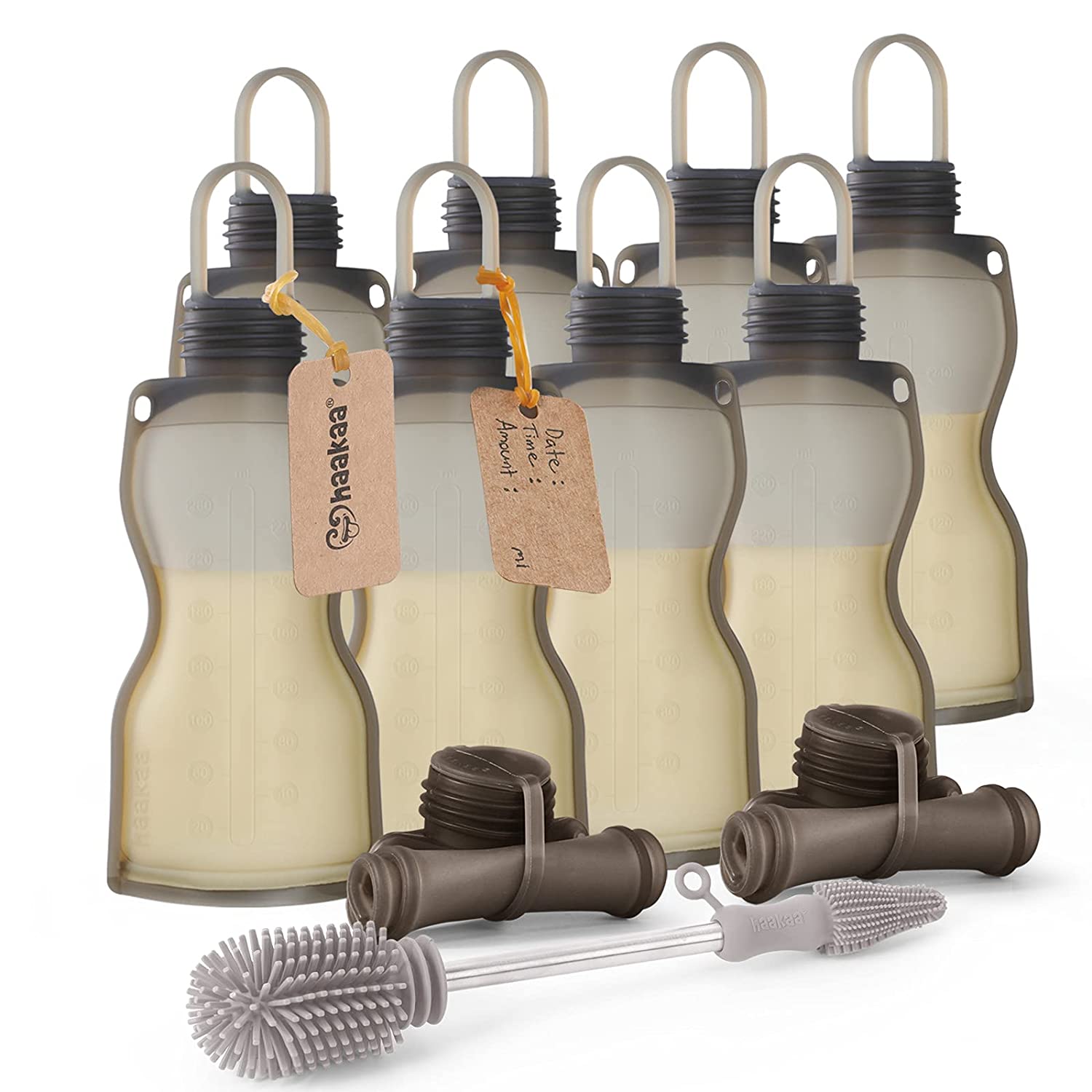 haakaa Reusable Silicone Breastmilk Storage Bag(9oz,10pk) with Scrub Cleaning Brush Set|Breastmilk F