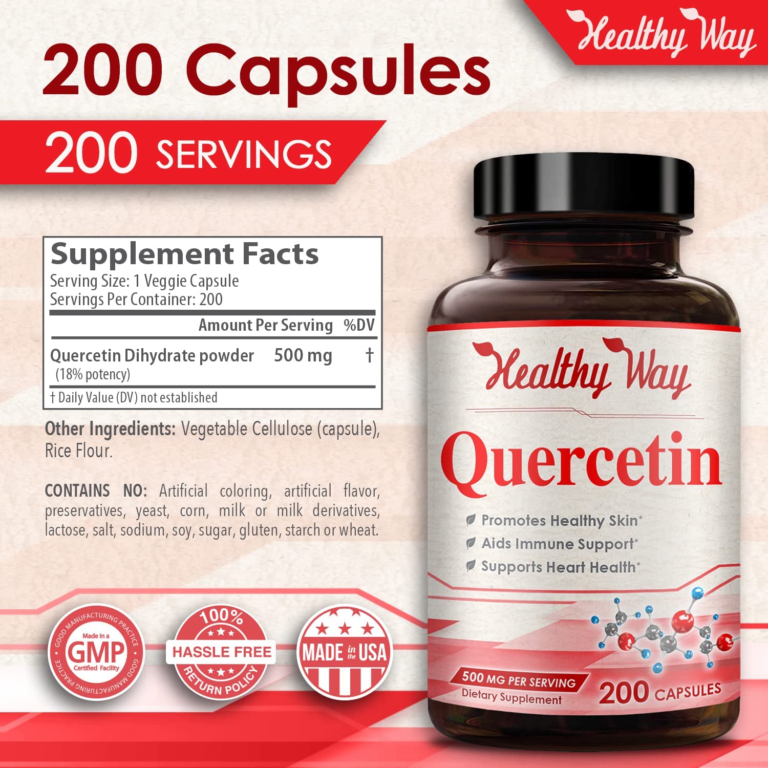Healthy Way Pure Quercetin 500mg Supplement - 200 Capsules - Quercetin Dihydrate to Support Cardiova