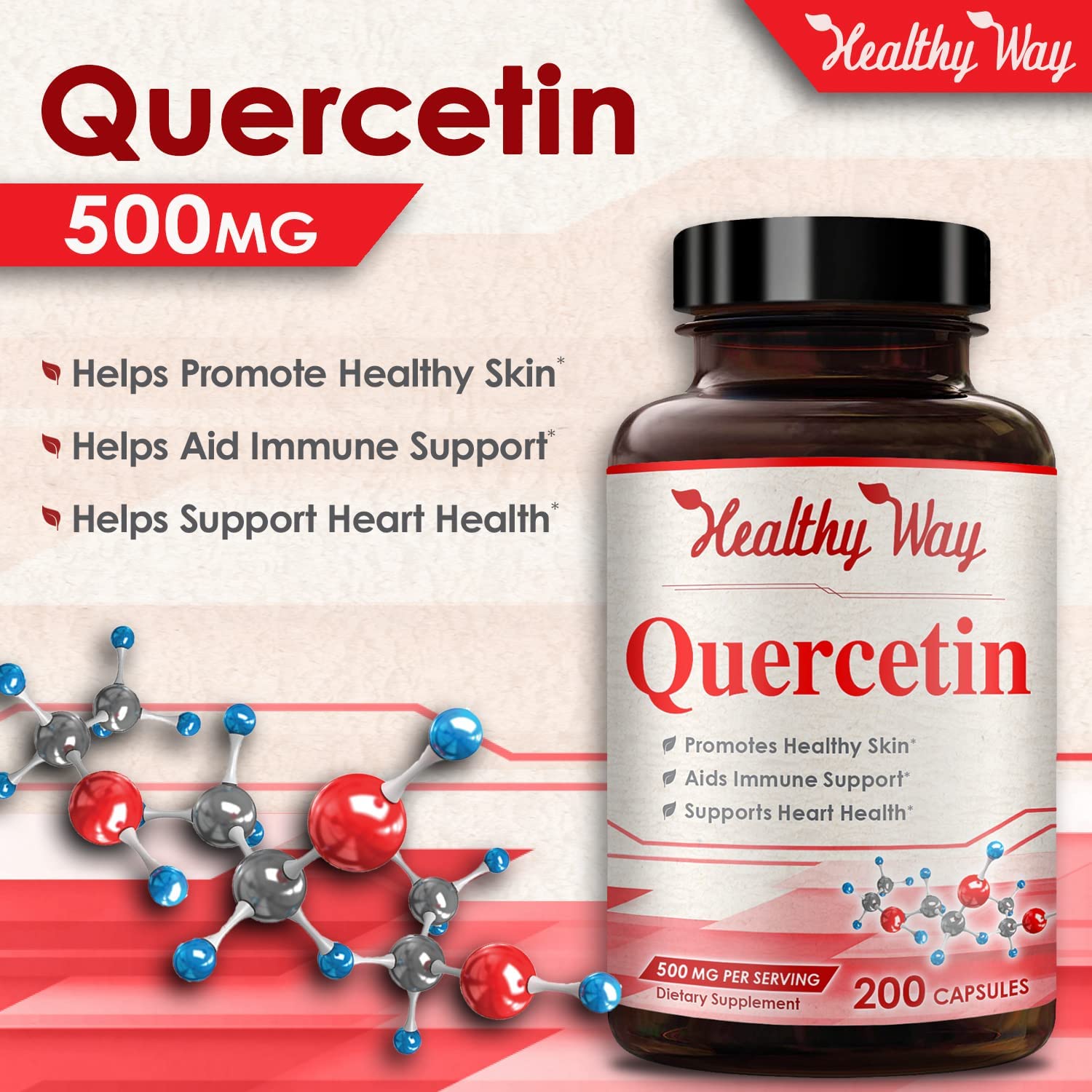 Healthy Way Pure Quercetin 500mg Supplement - 200 Capsules - Quercetin Dihydrate to Support Cardiova