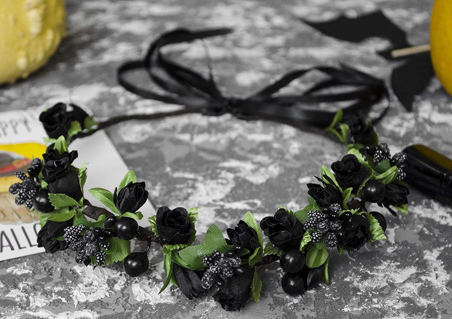 Flower Crown Floral Girls Headband - Black Headpiece Womens Wedding Bridal - Artificial Silk Roses B