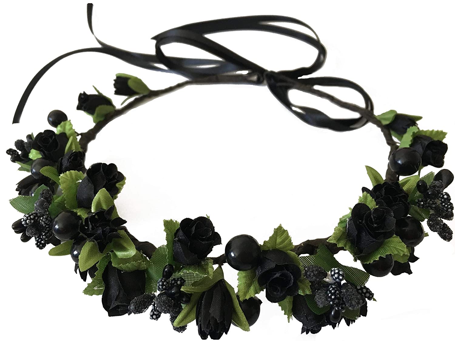 Flower Crown Floral Girls Headband - Black Headpiece Womens Wedding Bridal - Artificial Silk Roses B