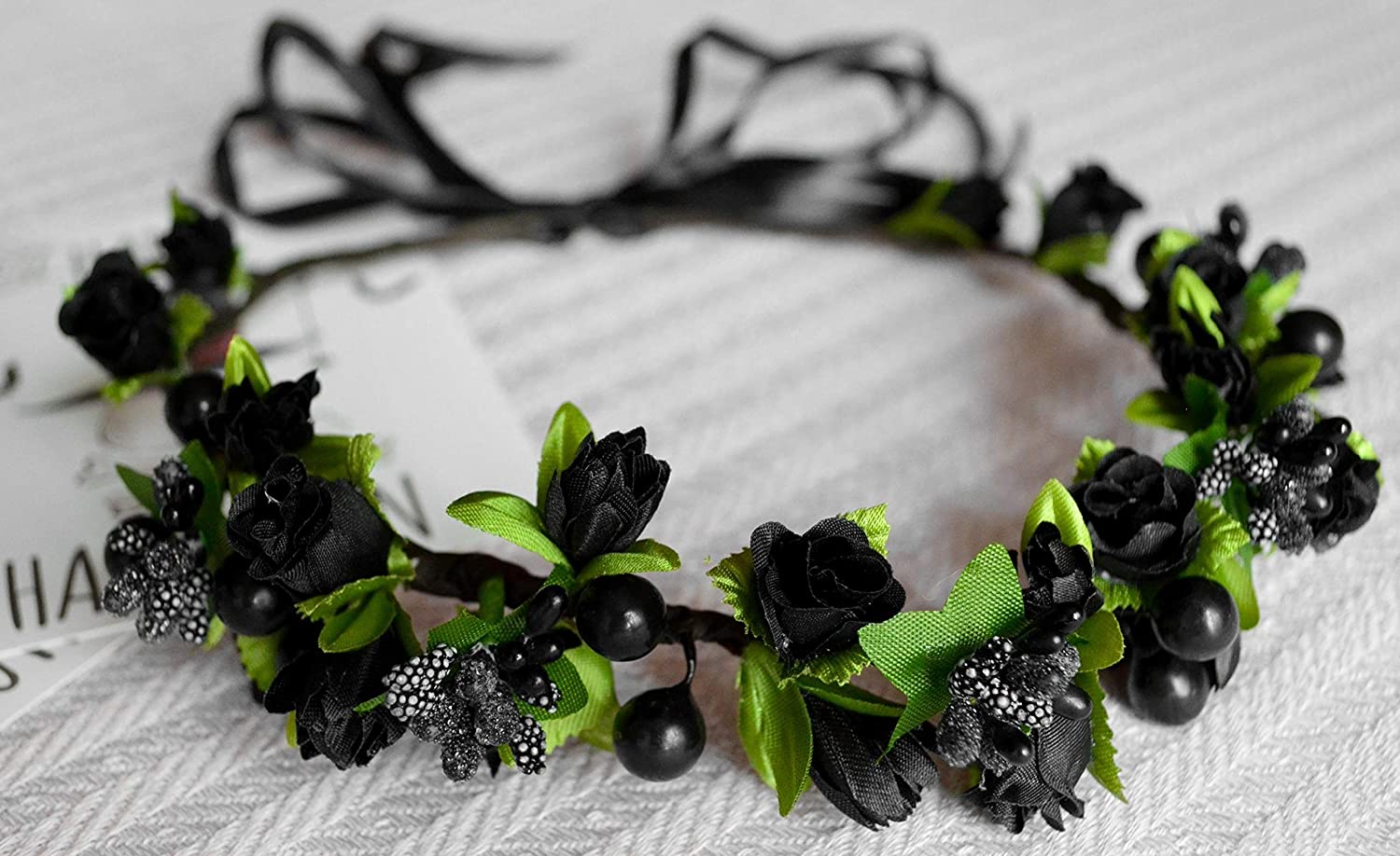 Flower Crown Floral Girls Headband - Black Headpiece Womens Wedding Bridal - Artificial Silk Roses B