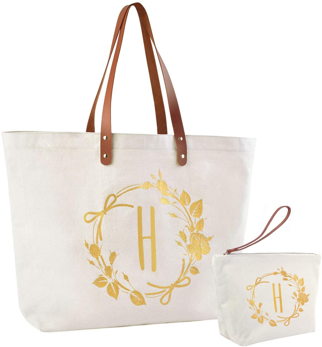 ElegantPark Monogrammed Gifts for Women H Initial Tote Bag Personalized Makeup Bag Wedding Gifts Bir