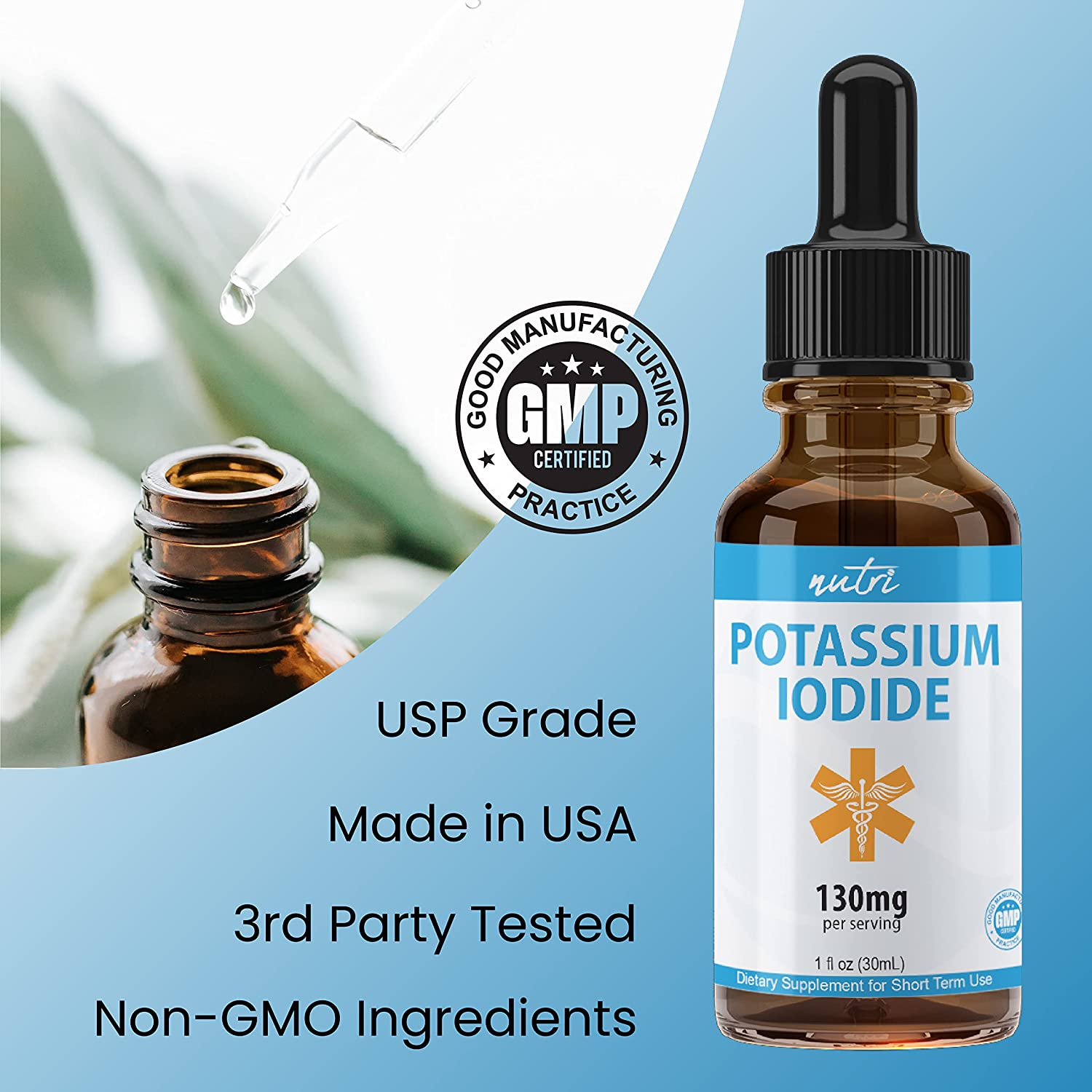 Nutri Potassium Iodide Liquid Drops 130 mg - Alternative to Potassium Iodide Pills - Thyroid Protect