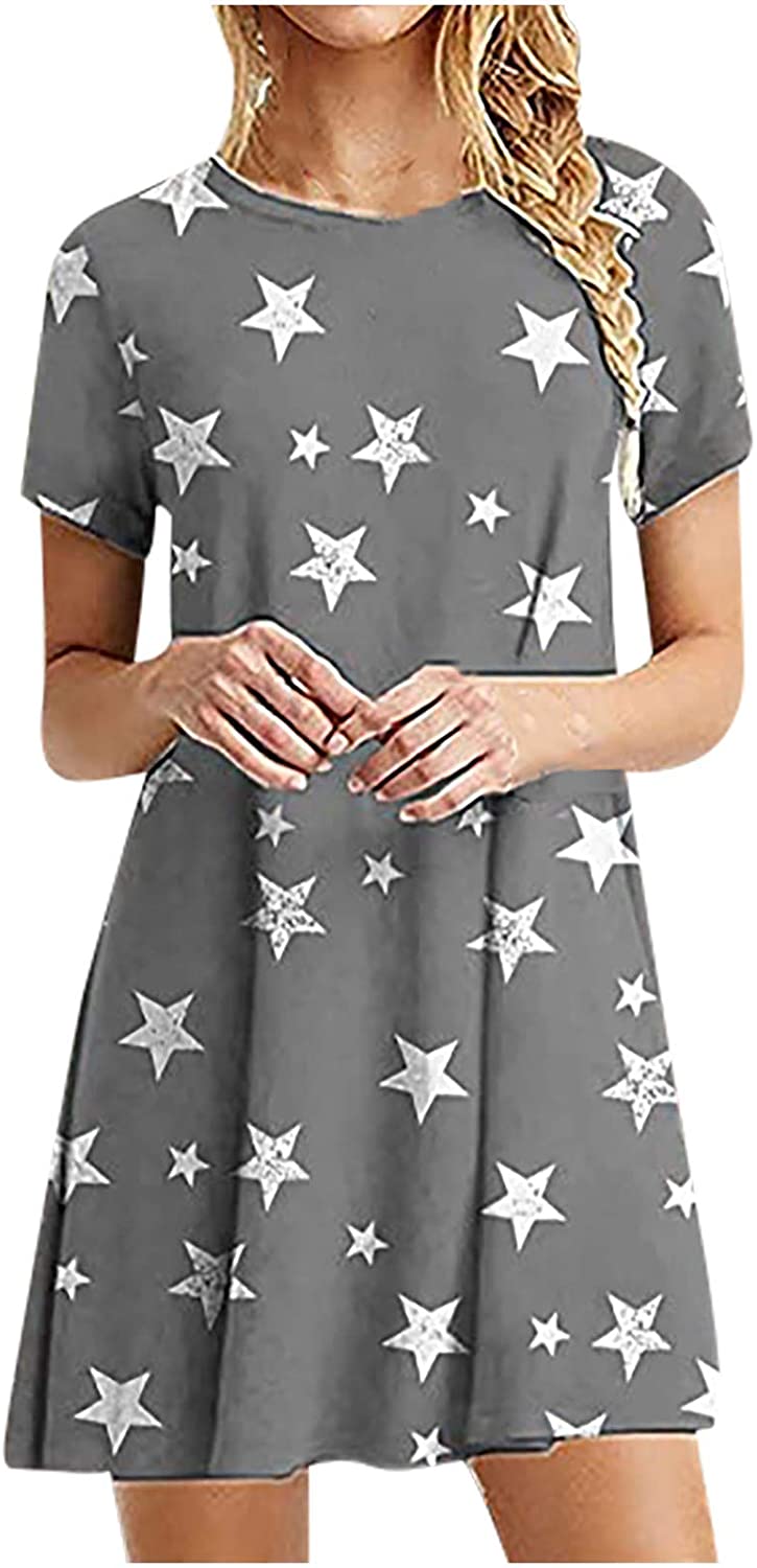 Womens Midi Dresses, Five-Pointed Stars Printed Crew Neck Loose Pullover Short Sleeve Ruffled Mini D