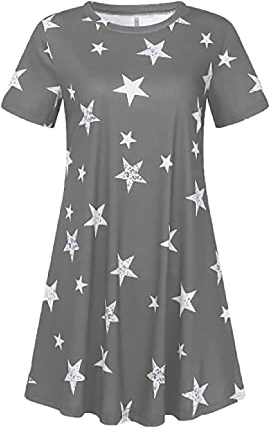 Womens Midi Dresses, Five-Pointed Stars Printed Crew Neck Loose Pullover Short Sleeve Ruffled Mini D