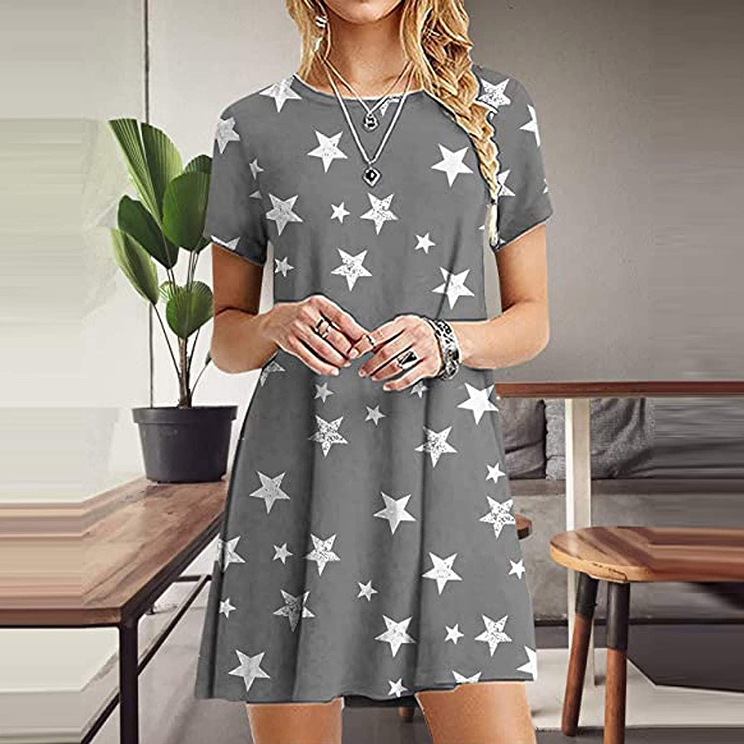 Womens Midi Dresses, Five-Pointed Stars Printed Crew Neck Loose Pullover Short Sleeve Ruffled Mini D