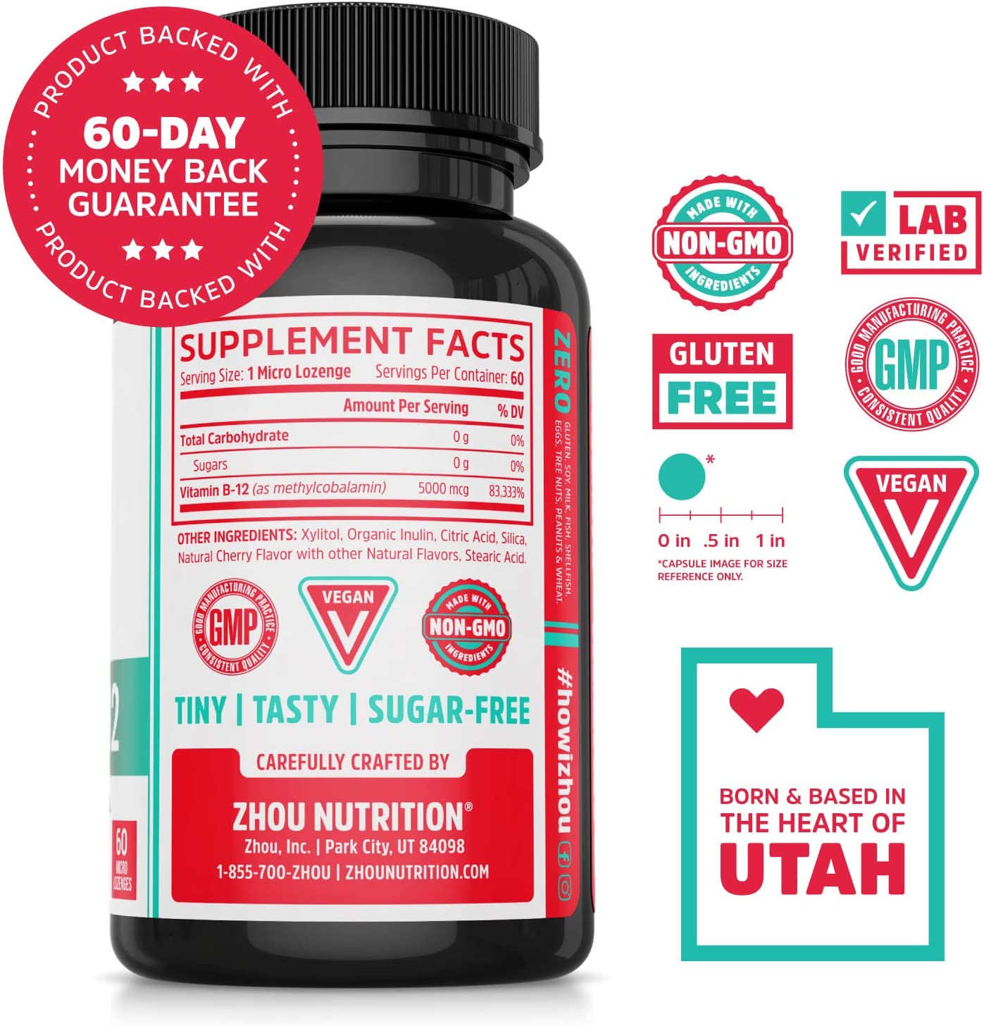 Zhou Nutrition Methyl (Vitamin B12) Lozenges, 5000 mcg for Maximum Absorption and Active Energy, Veg