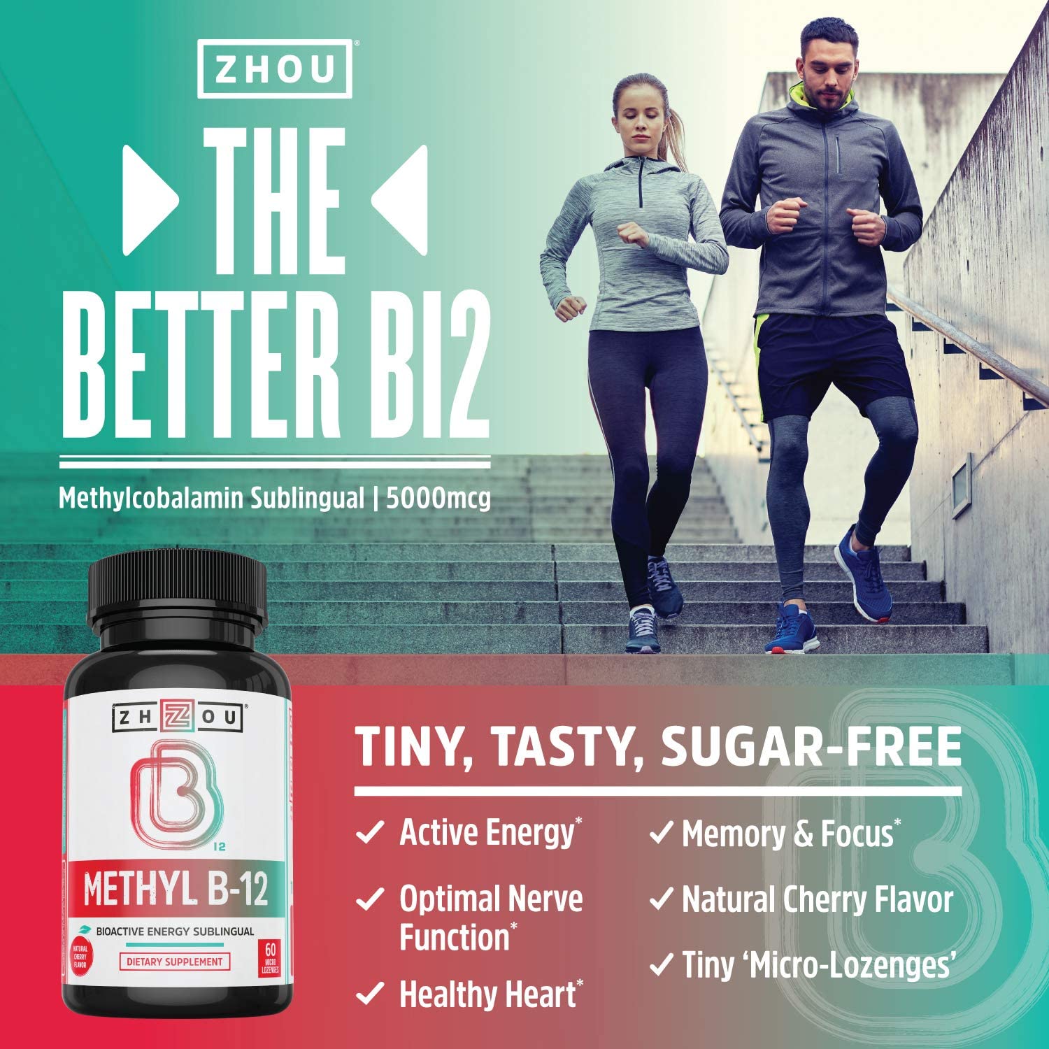 Zhou Nutrition Methyl (Vitamin B12) Lozenges, 5000 mcg for Maximum Absorption and Active Energy, Veg