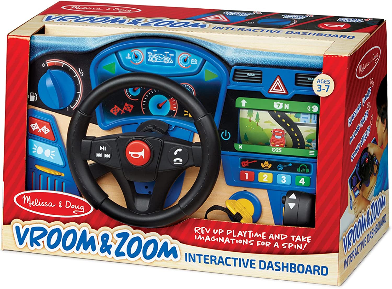Melissa & Doug Vroom & Zoom Interactive Wooden Dashboard Steering Wheel Pretend Play Driving Toy