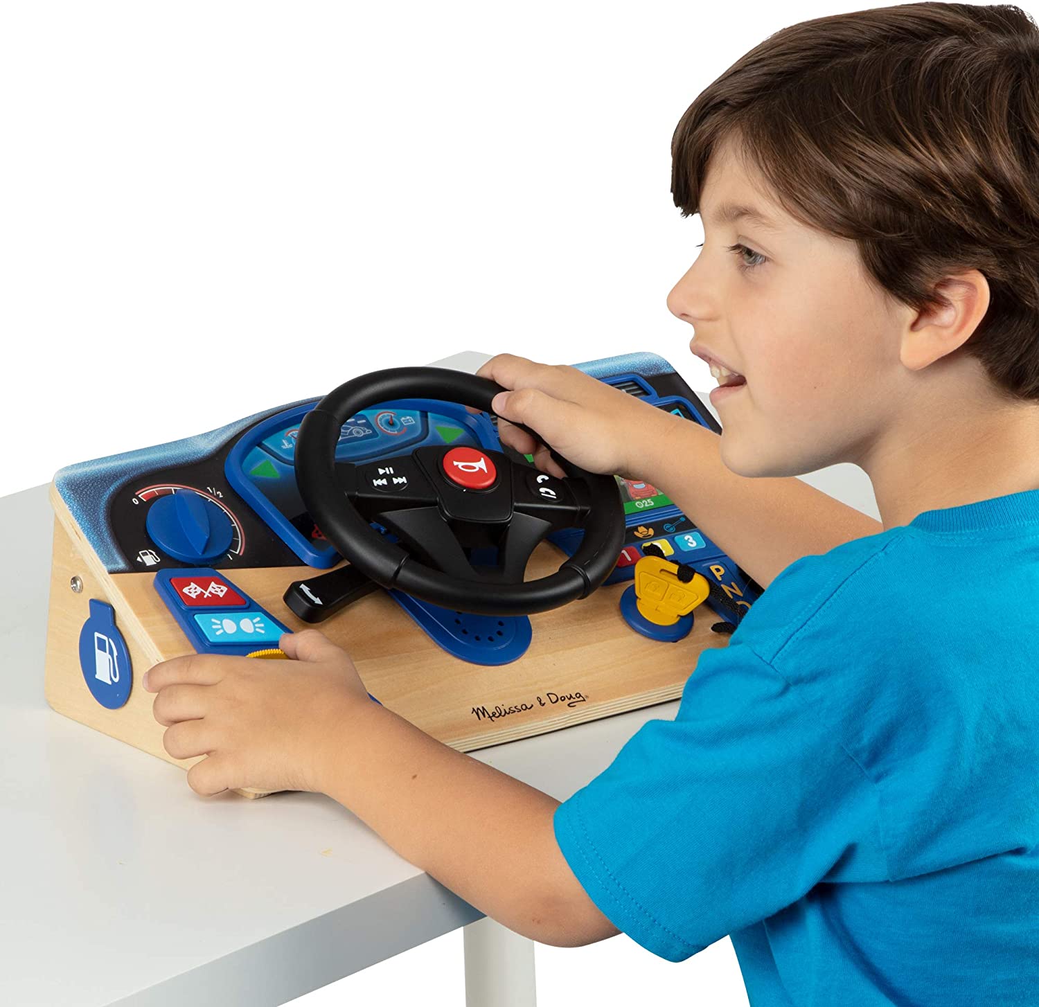Melissa & Doug Vroom & Zoom Interactive Wooden Dashboard Steering Wheel Pretend Play Driving Toy