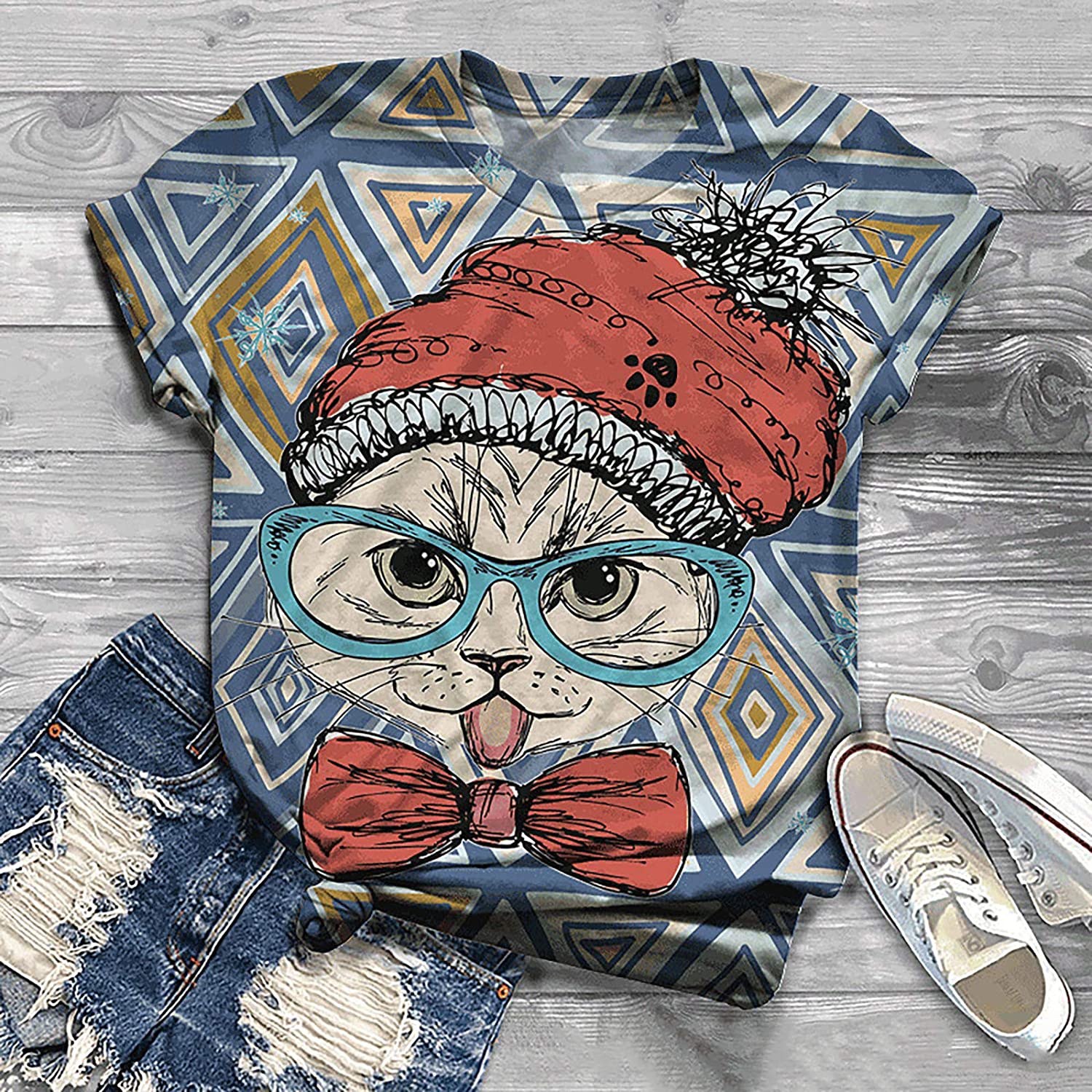 Dosoop 2021 New Cat Graphic Tees Short Sleeve Crewneck T Shirt Fashion Printed Summer Tops Casual Bl