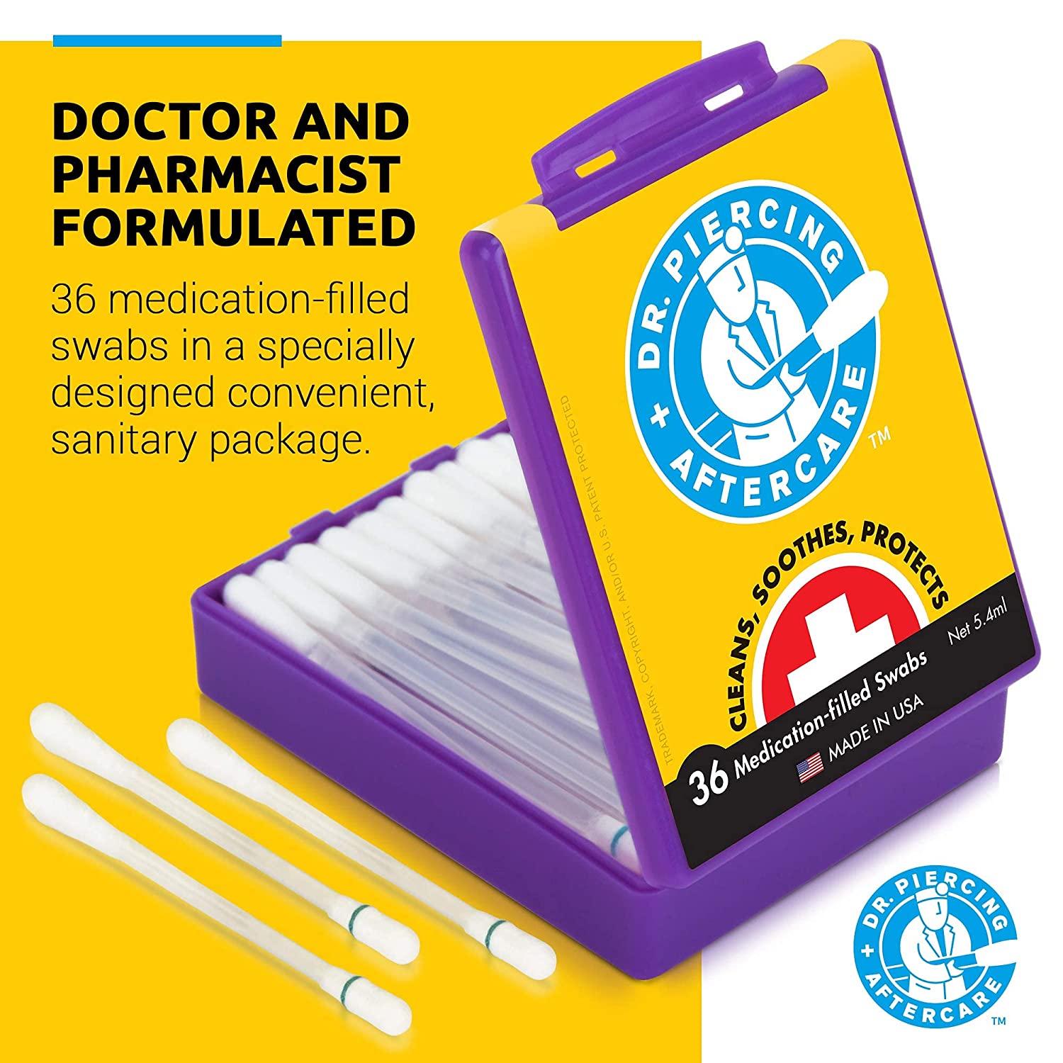 Dr. Piercing Aftercare - 36 Medicated Swabs Treat Ear, Nose, Belly, and Body Piercings - Each Swab C