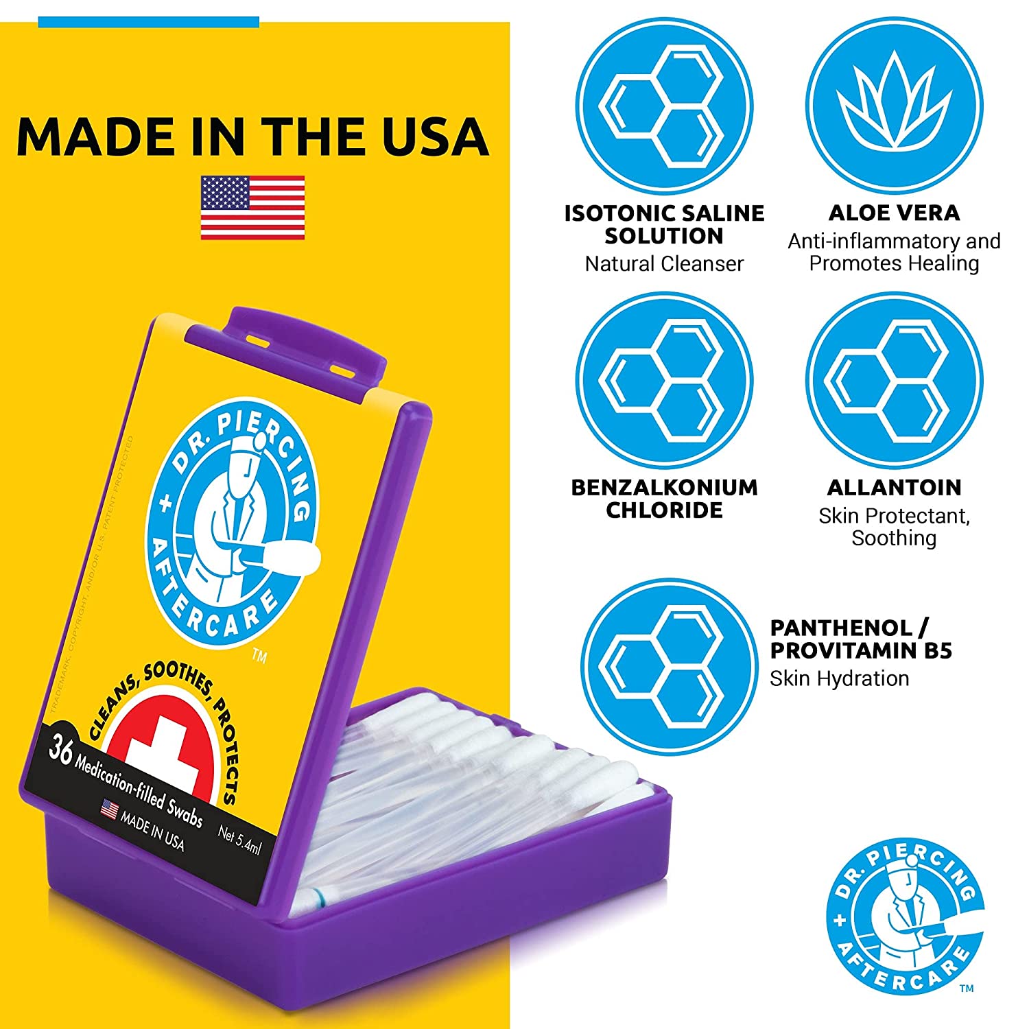 Dr. Piercing Aftercare - 36 Medicated Swabs Treat Ear, Nose, Belly, and Body Piercings - Each Swab C