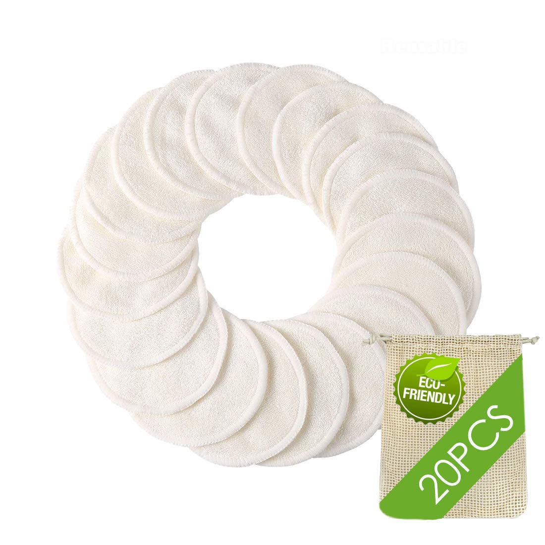 Reusable Makeup Remover Pads - 20 PCS Organic Bamboo Reusable Cotton Rounds with Laundry Bag, Washab