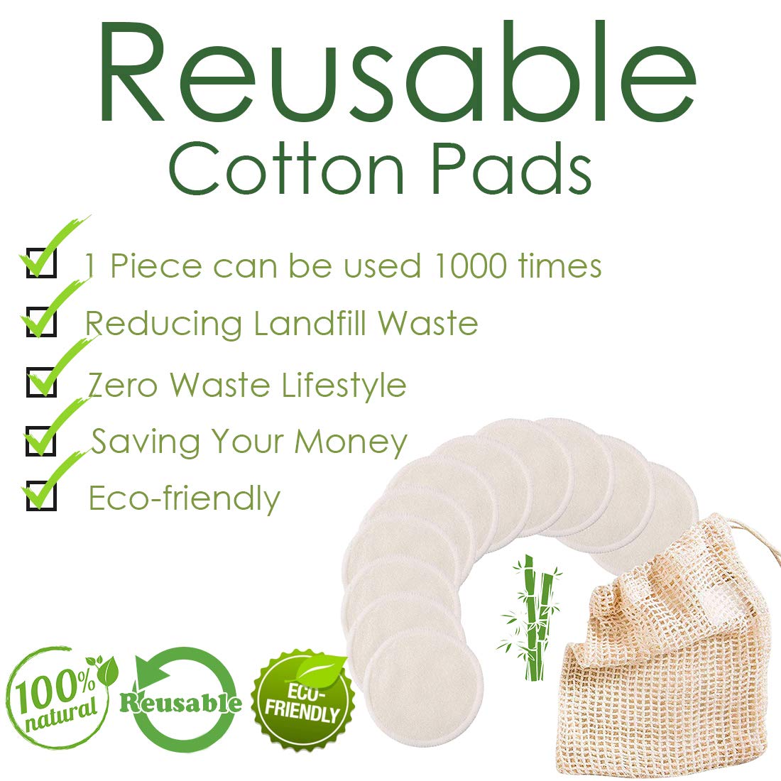 Reusable Makeup Remover Pads - 20 PCS Organic Bamboo Reusable Cotton Rounds with Laundry Bag, Washab