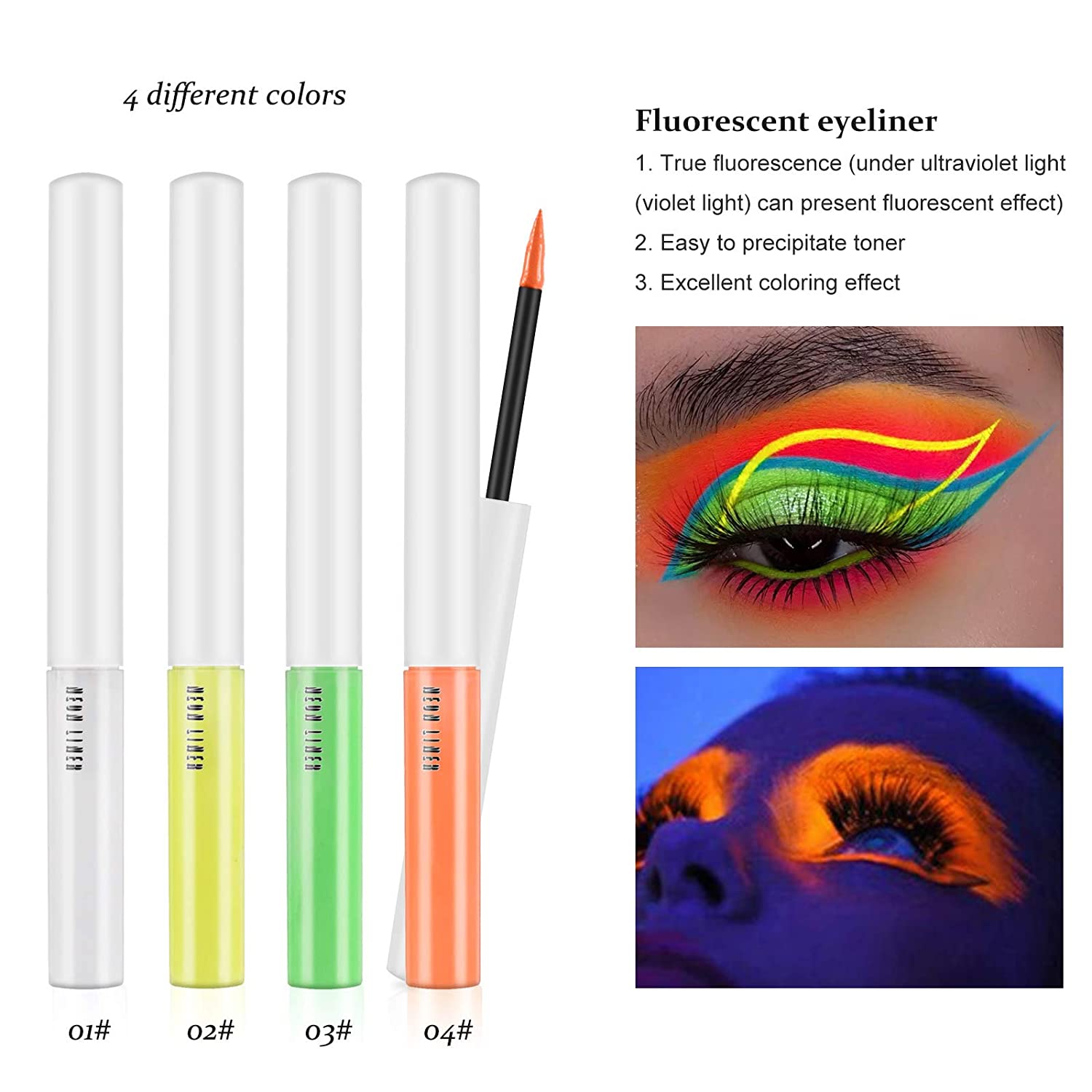 KYDA 4 Colors Neon Eyeliner Set, Matte Liquid Eyeliner Luminous Neon Eyeliner UV Glow Waterproof Eye