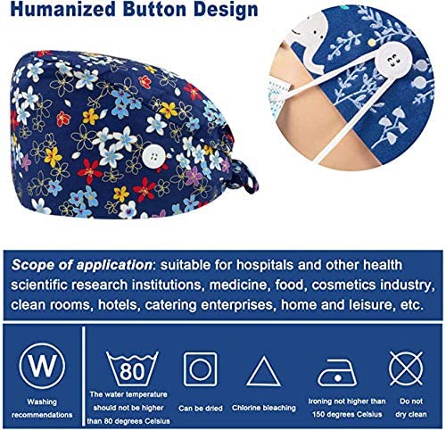 Leader Jin Cute Printed Working Cap Bouffant Turban Cap with Button and Sweatband Adjustable Tie Bac