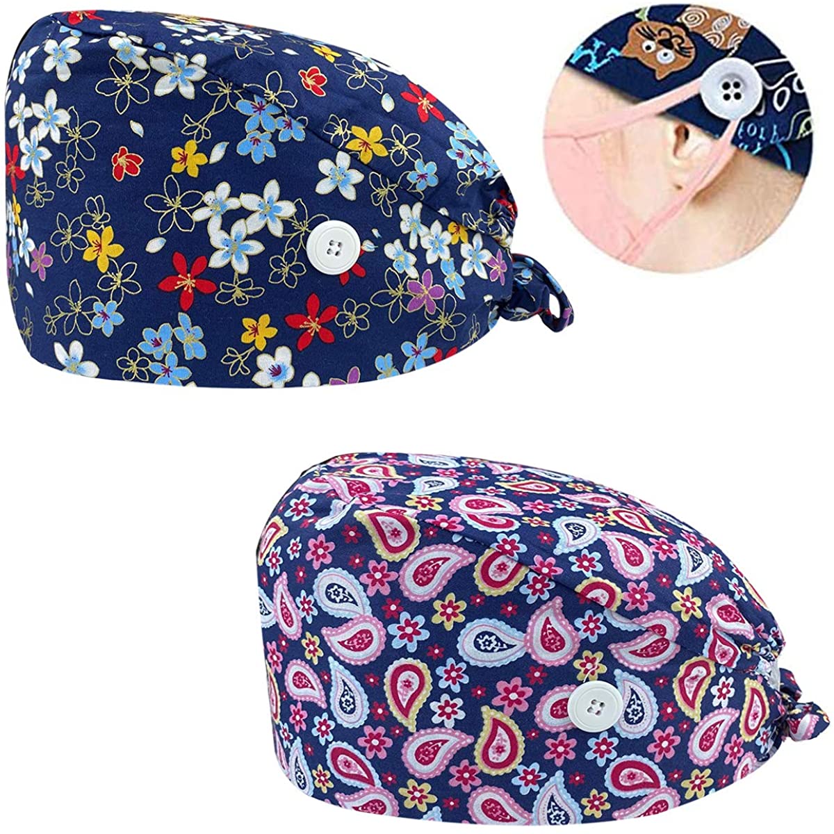 Leader Jin Cute Printed Working Cap Bouffant Turban Cap with Button and Sweatband Adjustable Tie Bac