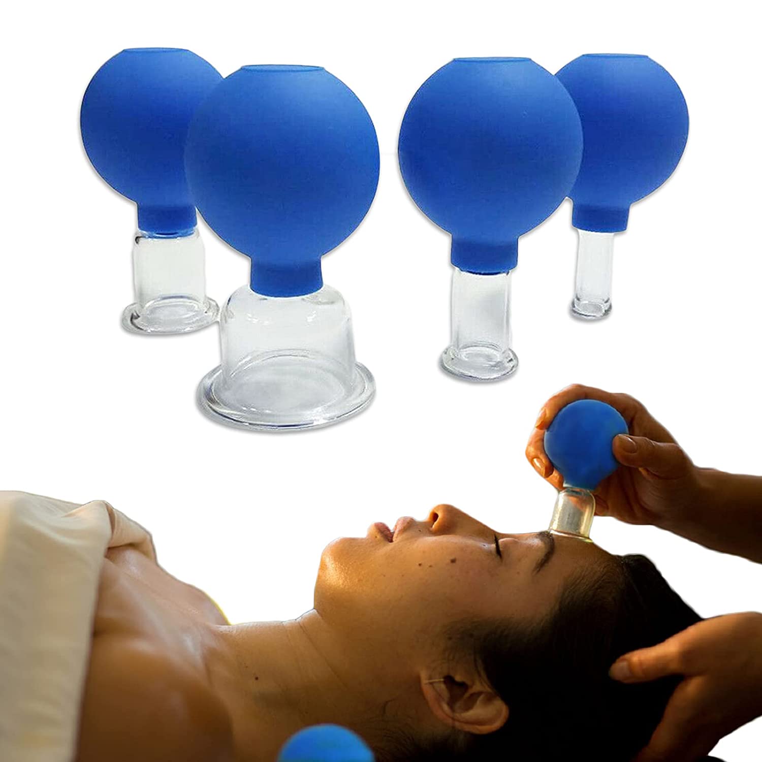 OUDI LINE 4 Size Facial Cupping Therapy Set Glass, Eye Face Vacuum Massage Anti Cellulite Cup, Silic