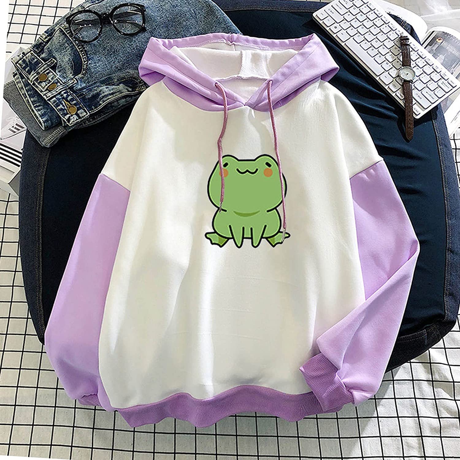 Sweatshirts for Women, Casual Cute Frog Print Long Sleeve Hoodies Tops Loose Fit Crewneck Pullover B