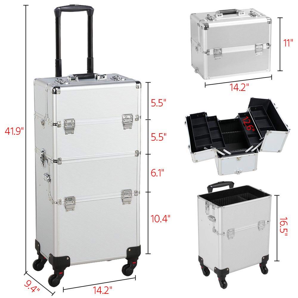 Yaheetech 3 in 1 Rolling Makeup Train Case Trolley, Professional Portable Aluminum Cosmetic Artist T