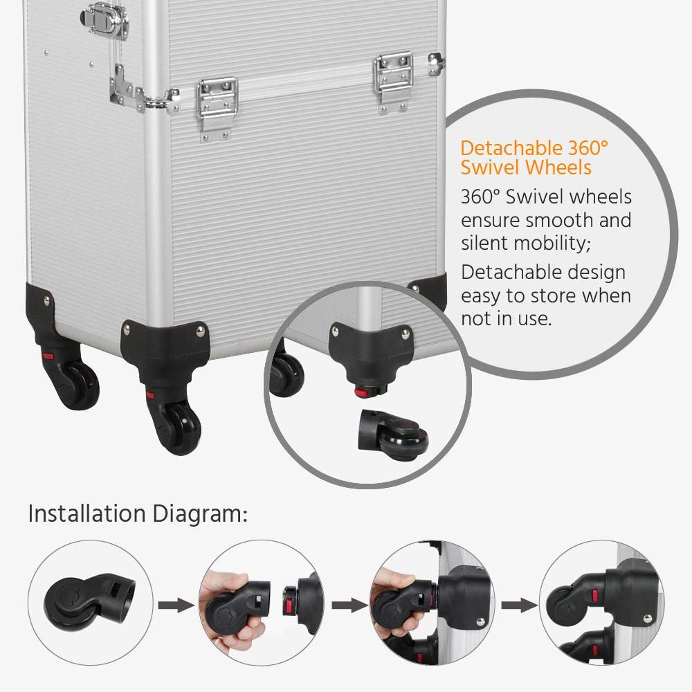 Yaheetech 3 in 1 Rolling Makeup Train Case Trolley, Professional Portable Aluminum Cosmetic Artist T