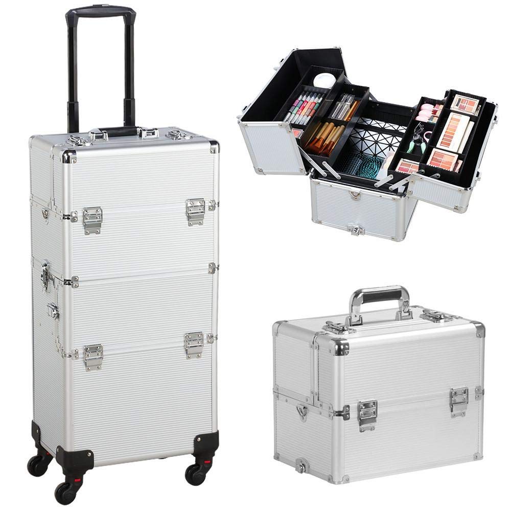 Yaheetech 3 in 1 Rolling Makeup Train Case Trolley, Professional Portable Aluminum Cosmetic Artist T