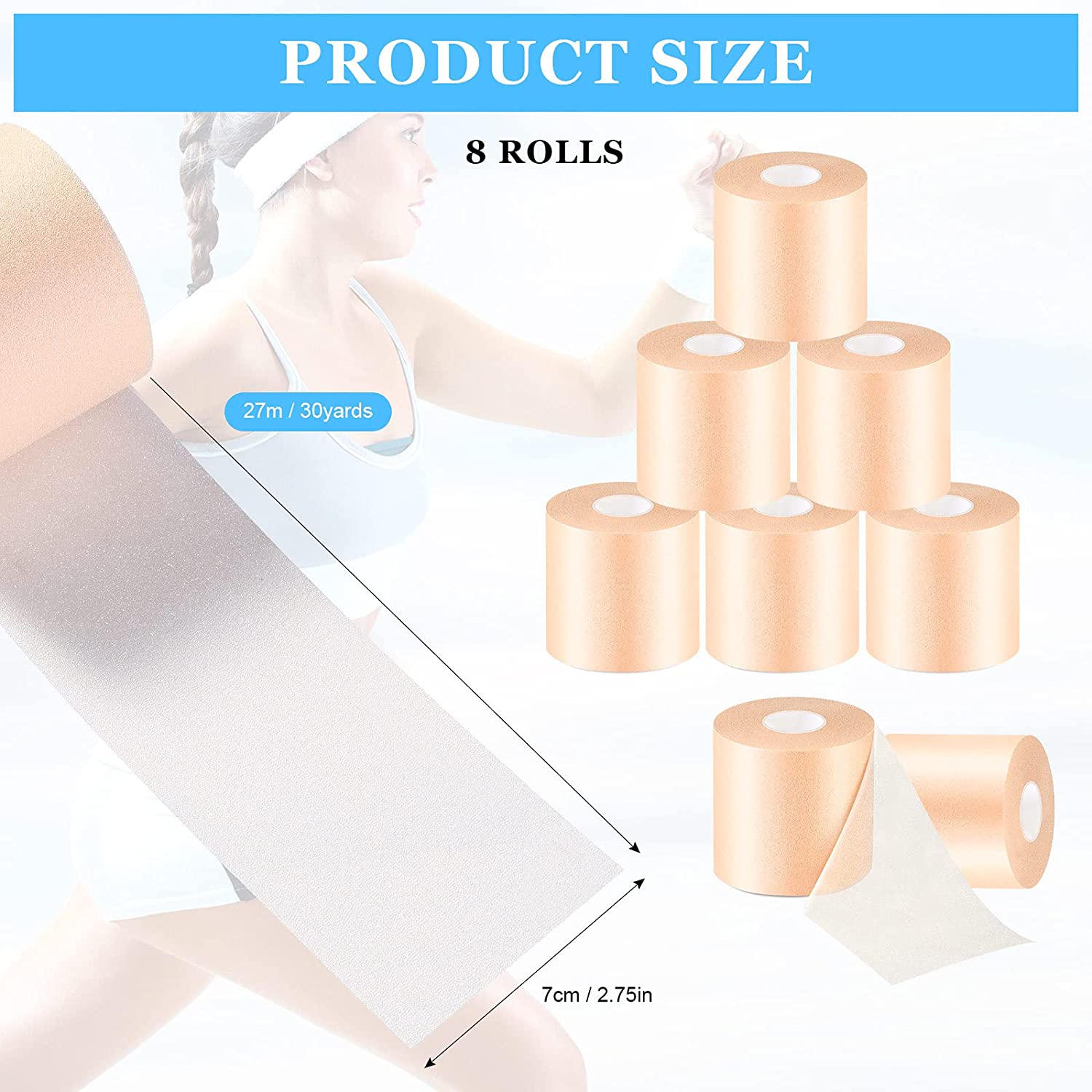 8 Rolls Athletic Foam Tape Sports Pre-Wrap Athletic Tape Foam Underwrap Bandage for Wrists Elbows Kn