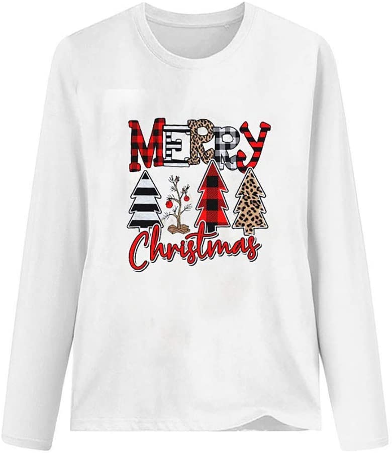 Dosoop Merry Christmas Sweatshirt for Women Leopard Tree Graphic Long Sleeve Tees Shirt Blouse Pullo