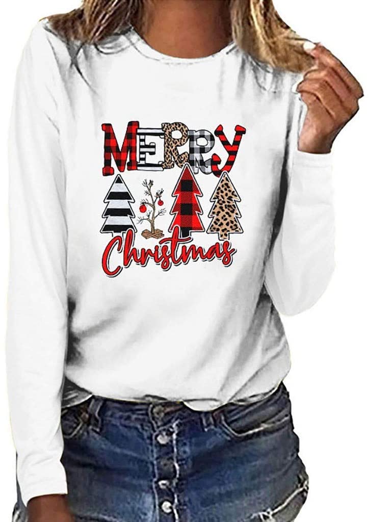 Dosoop Merry Christmas Sweatshirt for Women Leopard Tree Graphic Long Sleeve Tees Shirt Blouse Pullo