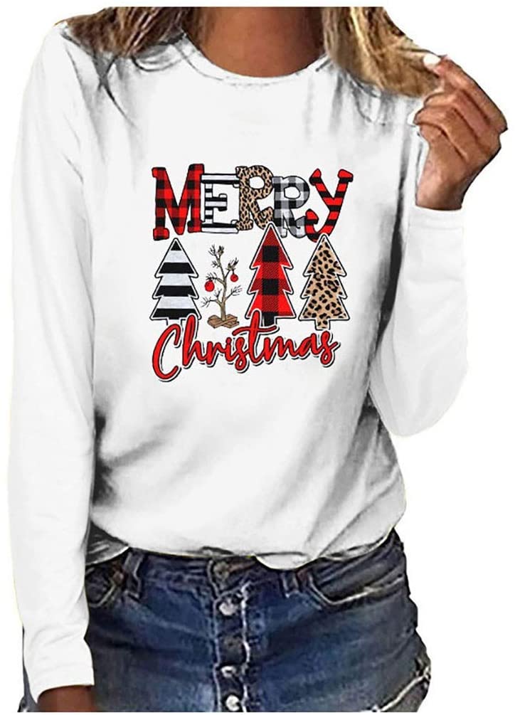 Dosoop Merry Christmas Sweatshirt for Women Leopard Tree Graphic Long Sleeve Tees Shirt Blouse Pullo