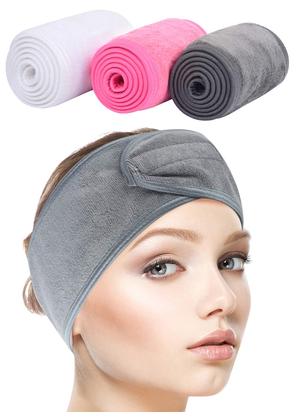 Sinland Spa Headband for Women 3 Counts Adjustable Makeup Hair Band with Magic Tape ,Head Wrap for F
