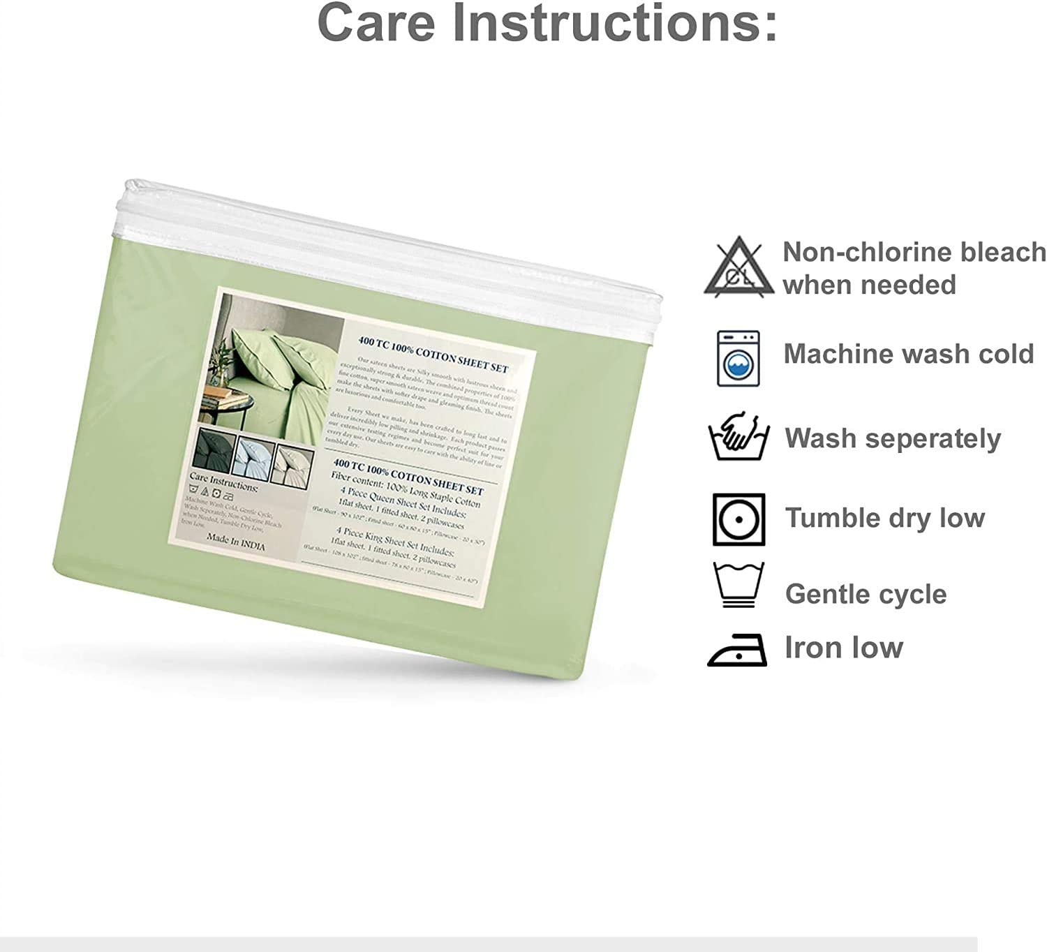 300 Thread Count 100% Cotton Celdon Green Full Size Sateen Weave Flat Sheets Highly Breathable, Easy