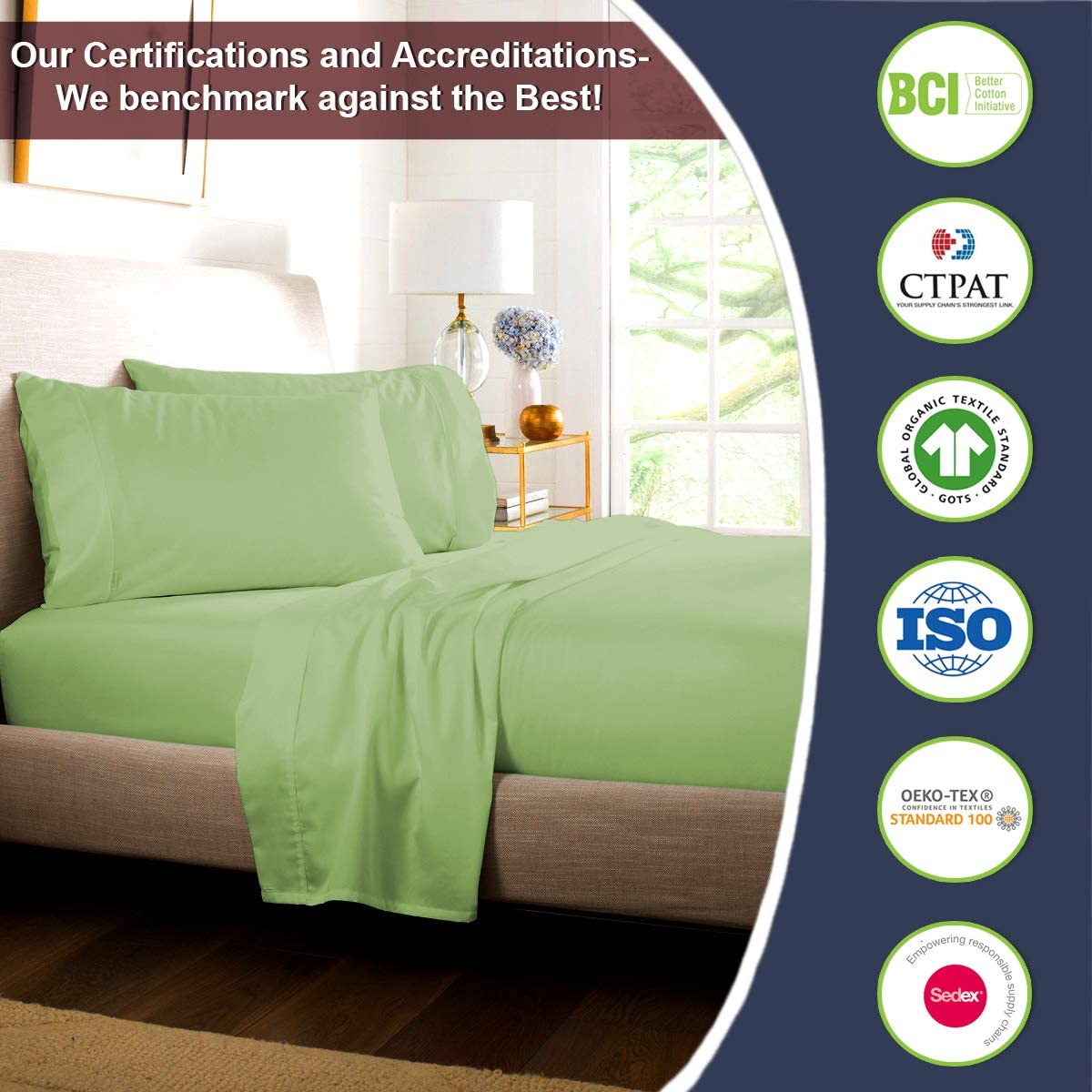 300 Thread Count 100% Cotton Celdon Green Full Size Sateen Weave Flat Sheets Highly Breathable, Easy