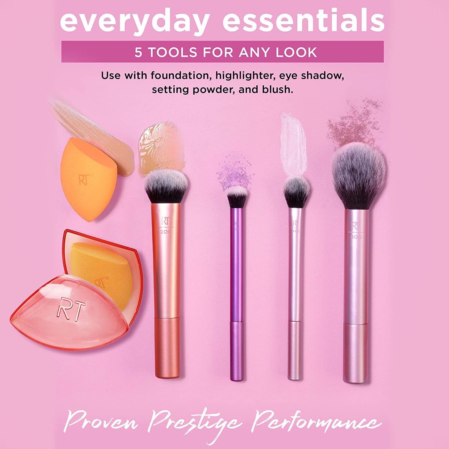 Real Techniques Makeup Brush Set with Travel Sponge Blender for Eyeshadow, Foundation, Blush, and Co