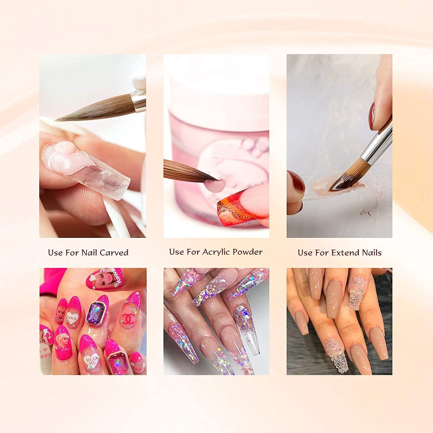 Aokitec Acrylic Nail Brush Set for Acrylic Powder, Nail Brush for Acrylic Application, 100% Oval Kol