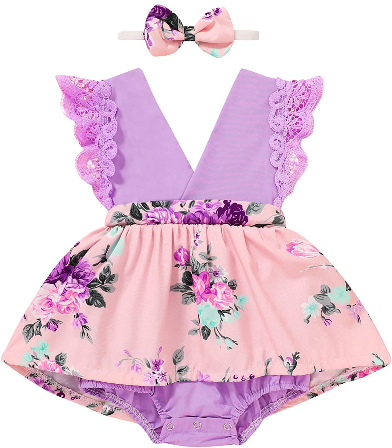 Newborn Infant Baby Girls Summer Clothes Floral Dress Lace Ruffle Sleeve Romper Sunflower Leopard Sk
